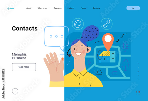 Memphis business illustration. Contacts -modern flat vector concept illustration of a female call center operator, tablet screen, map, location bubble, email, phone. Commerce business sales metaphor.