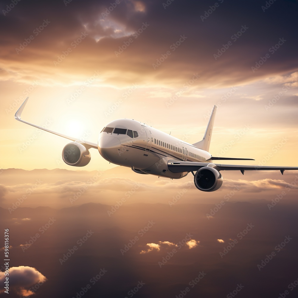 Passenger Jet flying through the sky with the sunset behind it