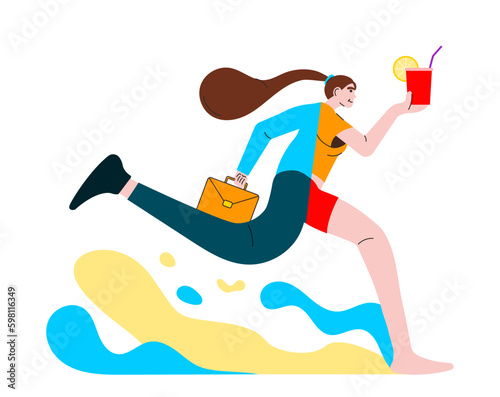 Trendy Cartoon Character. Go to the vacation. Office Worker: Work and Vacation. Colorful Vector Illustration