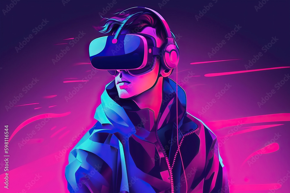 A male character uses a virtual reality device metauniverse, generative AI. A male character uses a virtual reality device metauniverse, generative AI.
