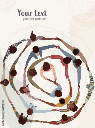 Black skin African American men women People group holding hands in a spiral circle.Top view.Template banner poster copy space. Black history month concept.Racial equality. Identity