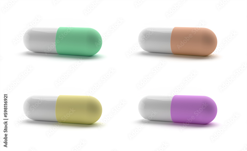 Capsule pill medicine for healthcare.Colorful capsules set 3D rendering. Realistic color pills. Set of drug capsules. Pharmacy medicine and healthcare. Antibiotic or vitamins. 3D pills