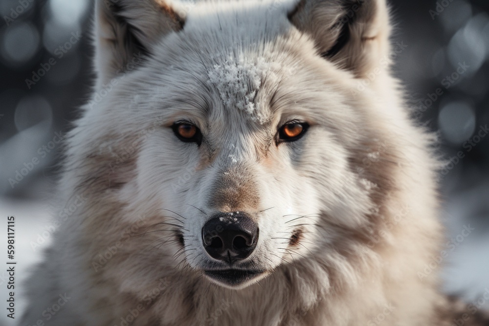 Closeup of a white arctic wolf in the snow illustrated with generative AI