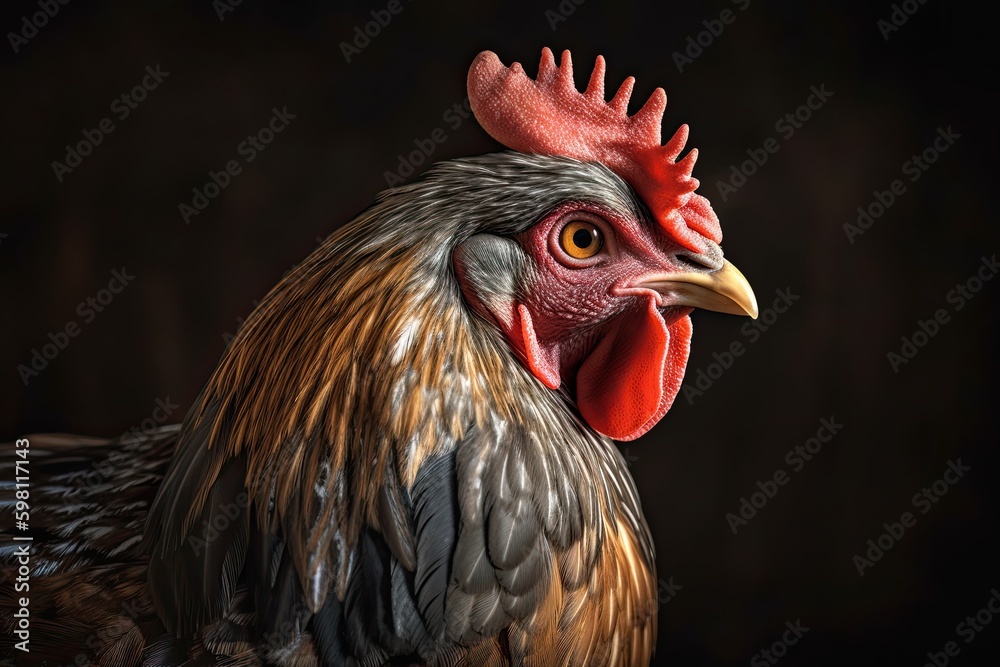 A Tom Rooster's Closeup Portrait: Strong Wildlife of the Domestic Hen and Farm Animal Husbandry. Generative AI