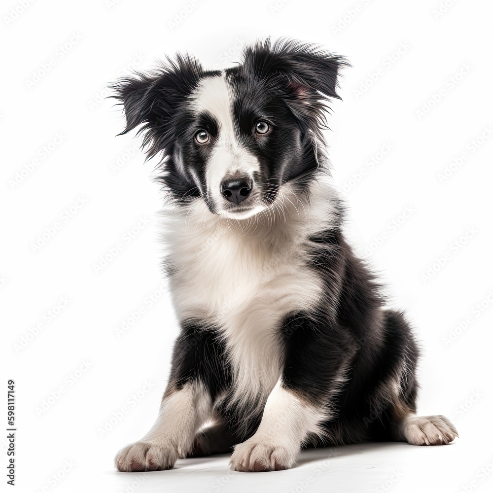 Adorable Black and White Border Collie Puppy Isolated Against a Blank White Background. Generative AI