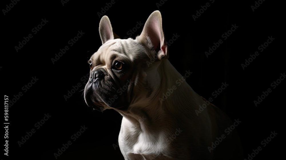 Adorable White French Bulldog Puppy: Isolated on a Black Background: Generative AI