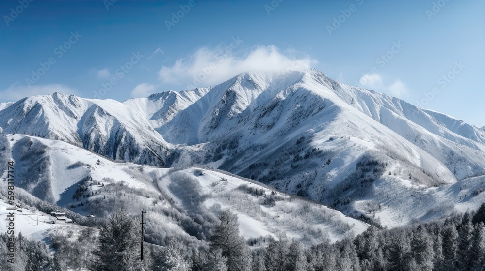 Cold Panoramic Winter Landscape: Snowy Mountain Range in Nature's Glory: Generative AI