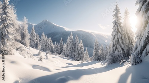 A Majestic Winterly Landscape - Solitary Peak, Panoramic View of Snowy Mountains, Serenity and Fairytale Scenery for Skiing, Holidays and Relaxation. Generative AI © AIGen