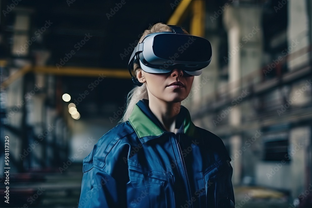 The girl worker on the background of the factory in glasses, generative ai.