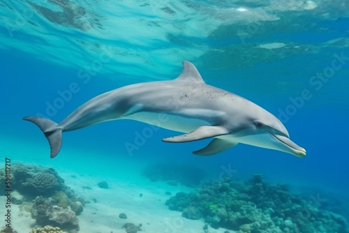Dolphin swimming in the sea,  underwater on a reef background, generated ai © Creative Team