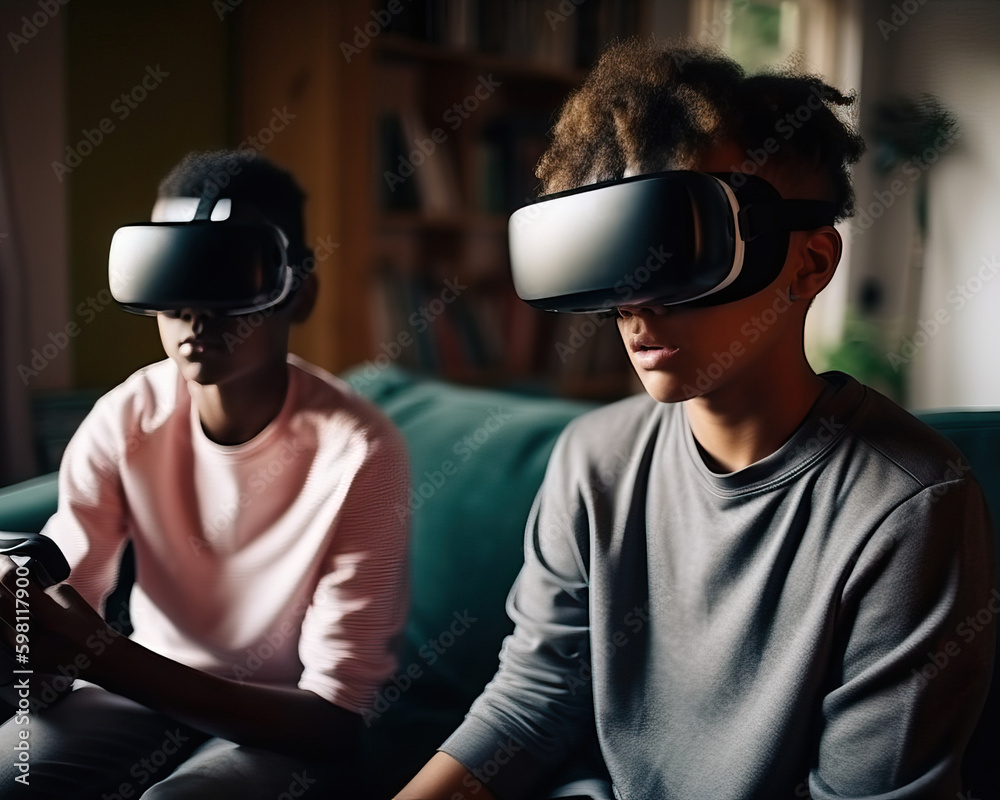 Two teenage boys playing a game with vr glasses, generative AI.
