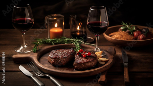 dinner for two with steaks and red wine, Generative Ai