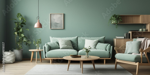 Interior of modern living room with accent coffee table  classical sofa and armchairs  room in blue color  generated ai