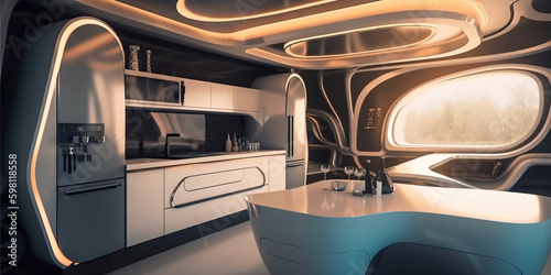 Interior of futuristic kitchen room, generated ai