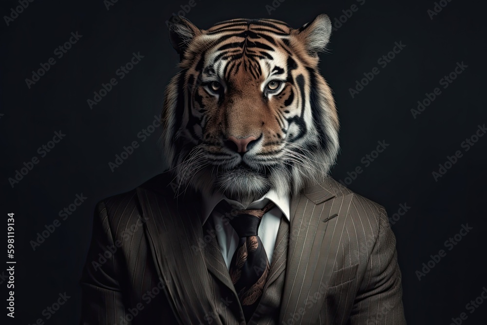 Strikingly Dangerous: A Bengal or Siberian Tiger Portrait in a Business Suit on an Isolated Background: Generative AI