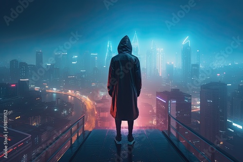 The Moment of Success: A Hooded Figure Enjoying the Expansive Cyberpunk Neon City Skyline on a Misty Night: Generative AI © AIGen