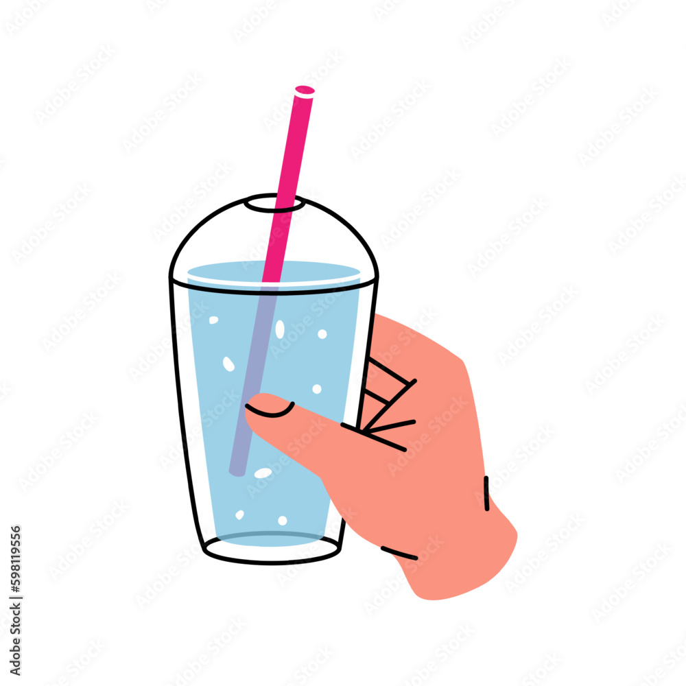 Hand with disposable plastic cup icon. Empty glass or plastic bottle silhouette. Vector illustration. Hand with disposable plastic cup icon. Empty glass or plastic bottle silhouette. Vector illustration.