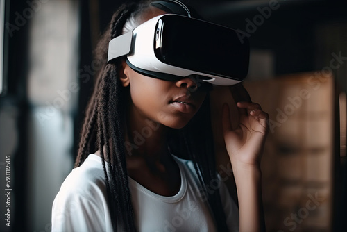 Young African American woman wears vr glasses, teenagers and children of the future, generative AI. © Niko_Dali