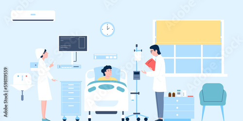 Hospital room inside interior, patient and doctors. Ambulance, hospitalized man in bed. Medical modern practice, healthcare recent vector scene