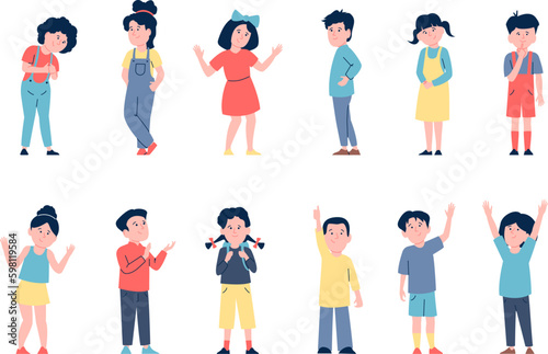 Isolated happy kids standing. Joyful children, cartoon flat emotional characters. Kindergarten ages boys and girls, cute child recent vector set