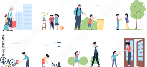 Good kids behaviour and manners. Polite children, smile boys and girls. Etiquette, support og seniors and helping. Respect child recent vector set