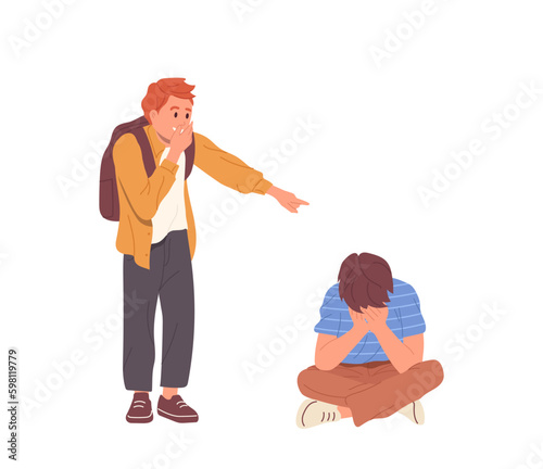 Angry laughing gloating boy showing negative relation pointing at stressed upset classmate Generative AI