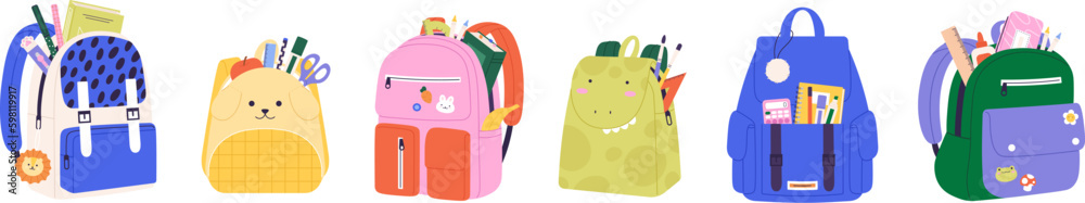 School backpack with study equipment. Kindergarten children bag, isolated cartoon backpacks stationery and book. Backpacking racy vector clipart - obrazy, fototapety, plakaty 