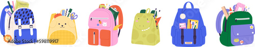 School backpack with study equipment. Kindergarten children bag, isolated cartoon backpacks stationery and book. Backpacking racy vector clipart photo