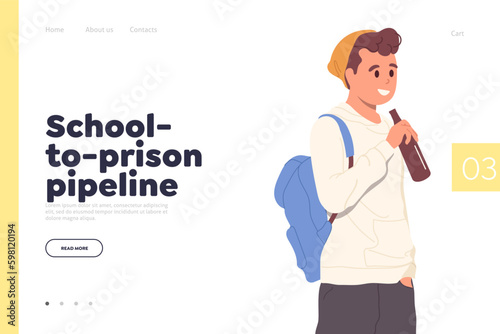 School-to-prison pipeline concept for landing page design with drunken teenager boy character Generative AI photo