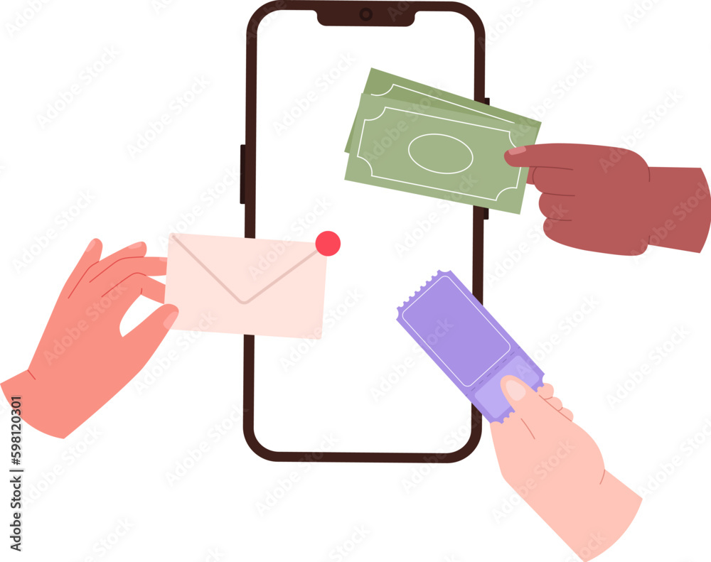 Modern digital life. Human hands taking money, tickets and letter from smartphone. Internet marketing and service, vector technologies concept