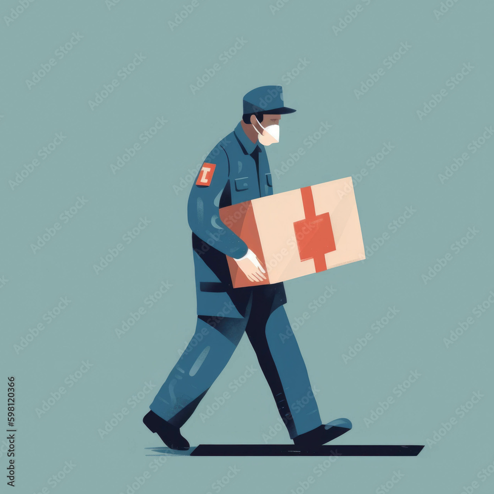 A postal worker carrying a box of medical supplies symbolizing how easily accessible the health services are.. AI generation. Generative AI