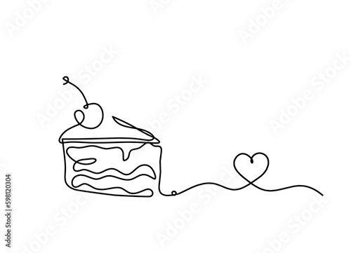 Abstract piece of cake and heart as continuous lines drawing on white background
