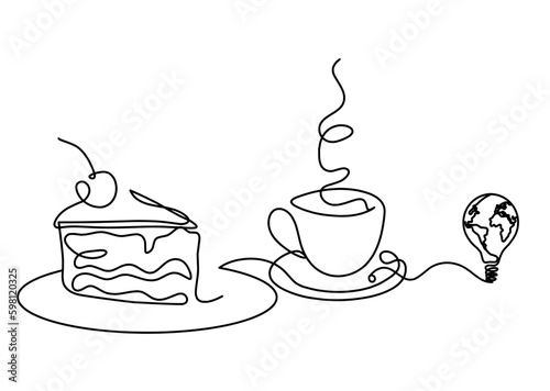 Abstract piece of cake and light bulb as continuous lines drawing on white background