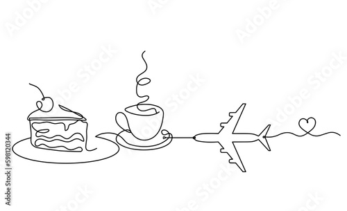 Abstract piece of cake and plane as continuous lines drawing on white background. Vector