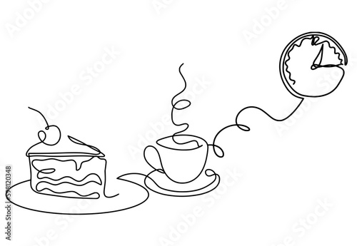 Abstract piece of cake and clock as continuous lines drawing on white background
