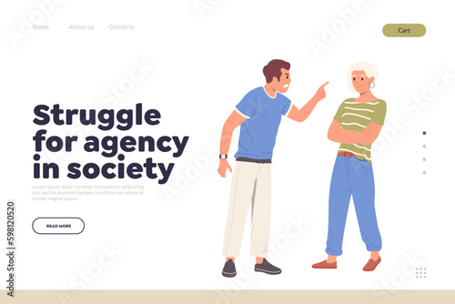 Landing page template with struggle for agency in society problem and gender discrimination concept Generative AI