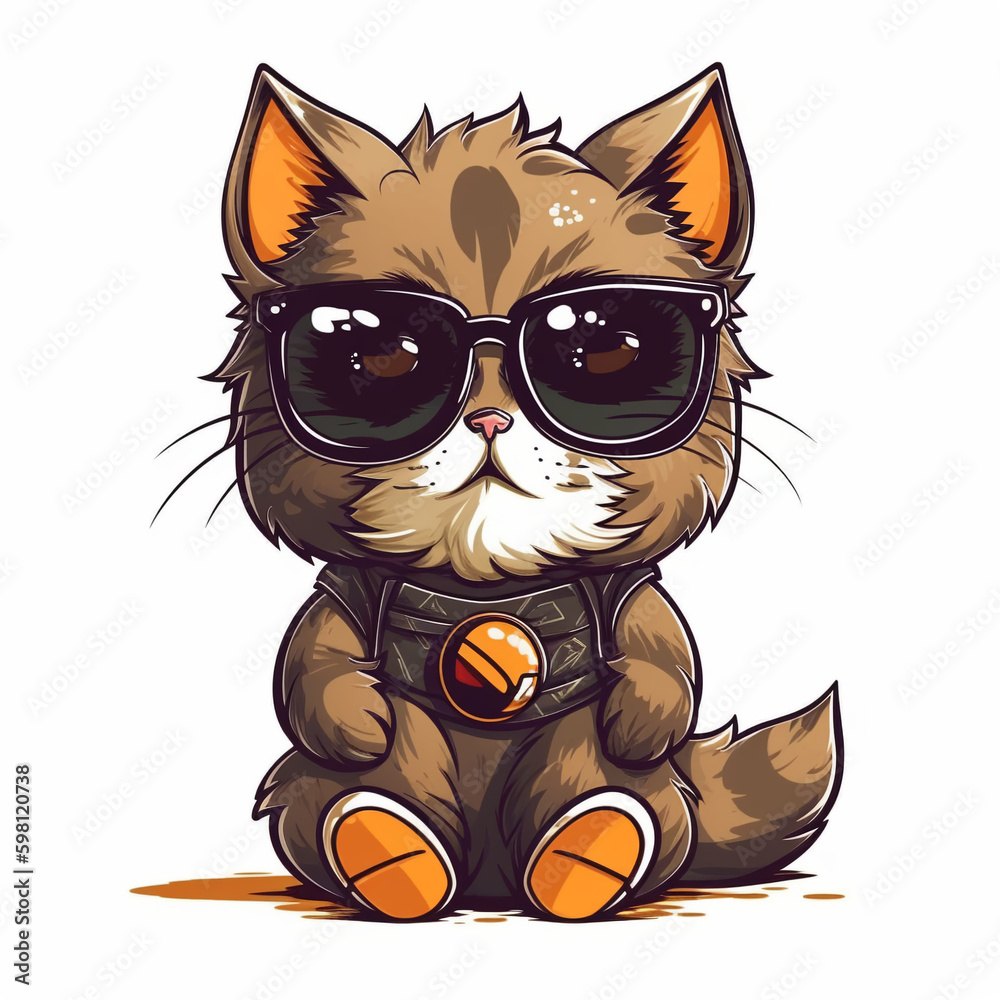 kawaii cute cat wearing sunglasses, black tortoishell fur, contour, white background, summer kawaii cute cat wearing sunglasses, black tortoishell fur, contour, white background, summer