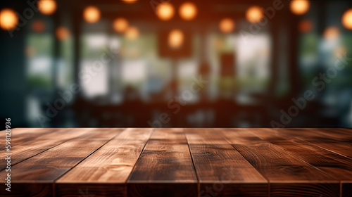 Empty wood table top on abstract blurred restaurant background