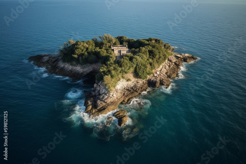 Aerial. Tropical island with one house. Generative ai. Generative AI