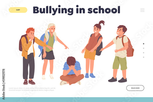 Bullying at school landing page template with aggressive classmates pointing on sad crying boy Generative AI