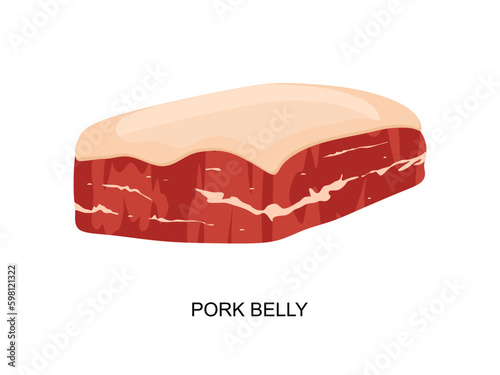 Pork belly in flat illustration. Boneless and fatty cut of meat from the belly of a pig. Vector illustration. Meat pork belly isolated on white background. Vector illustration