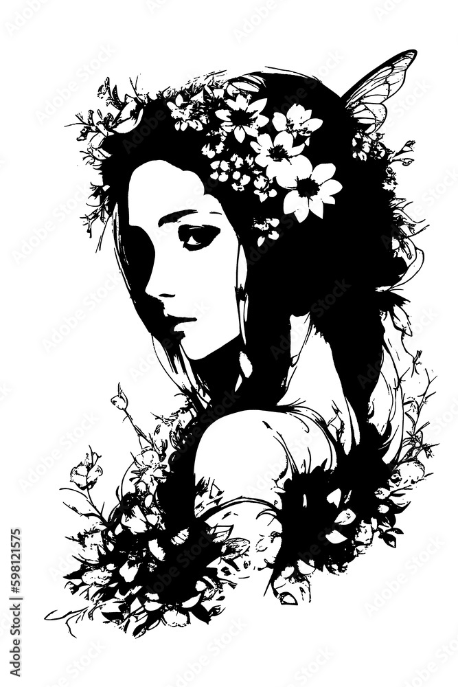 Beautiful brunette lady, Spring goddess decorated with field spring flowers, PNG illustration on transparent background. Digital art painting. Illustration Concept art. PNG image. Generative AI