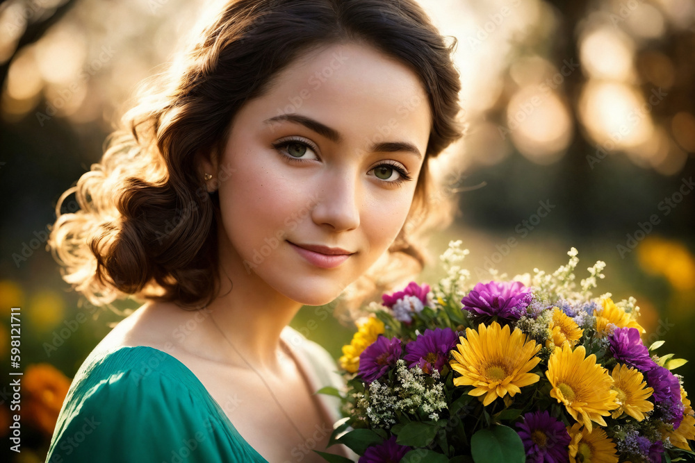Portrait of a woman with bouquet of flowers in a garden. Generative AI. Portrait of a woman with bouquet of flowers in a garden. Generative AI.