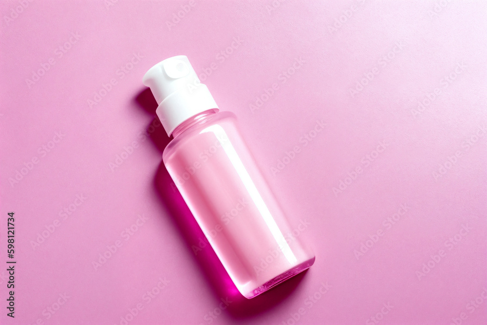 A perfume or a bottle for cosmetics on a pink background. Generative AI. A perfume or a bottle for cosmetics on a pink background. Generative AI.