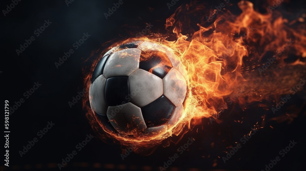 Fototapeta premium The soccer ball is on fire. Generative AI