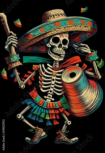 Dancing skeleton in traditional Mexican costume on a dark background. AI Generated