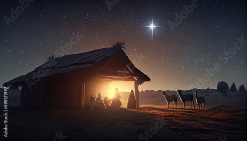 The birth of Christ in the barn at night. AI Generative