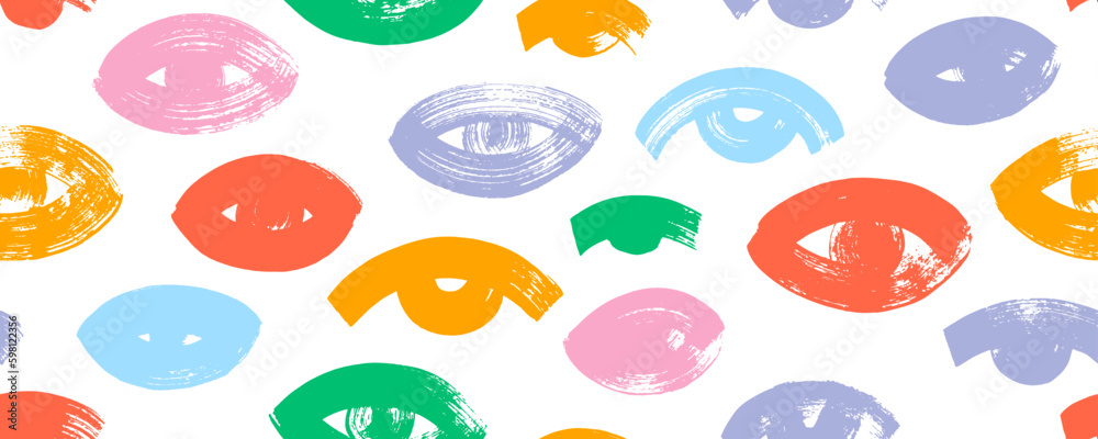 Seamless pattern with bold colorful eyes. Brush drawn vector eyes banner. Rough and dry bright color texture. Grunge style seamless black and white banner. Rough thick strokes. Sketch texture.