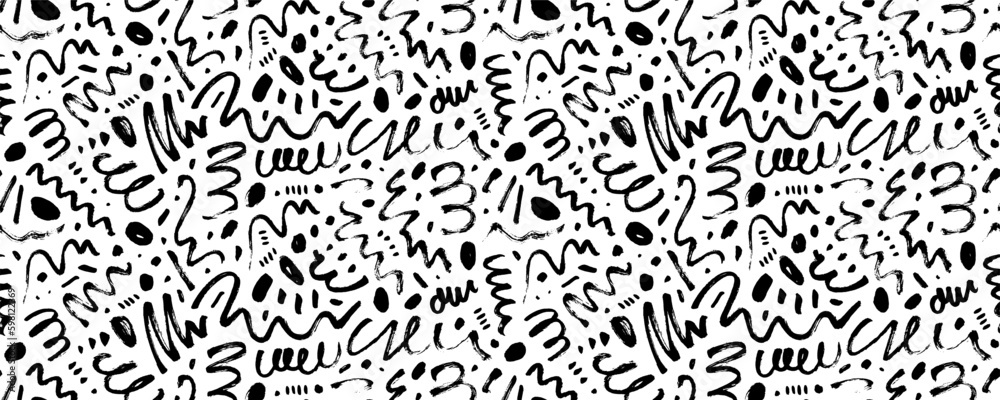 Brush curly lines seamless pattern. Pencil squiggles ornament. Scribble brush strokes vector background. Hand drawn marker scribbles, curved lines. Black pencil sketches. Squiggles and daubs. - obrazy, fototapety, plakaty 