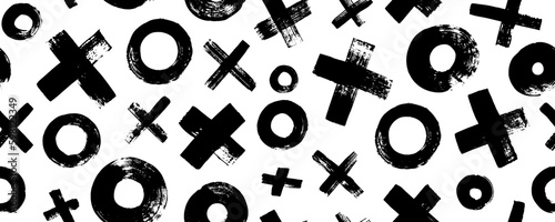 XOXO seamless pattern. Bold brush drawn crosses and circles banner. Abstract geometric background with tic tac toe. Grunge texture with symbols of zero and crosses. Black paint brush strokes.